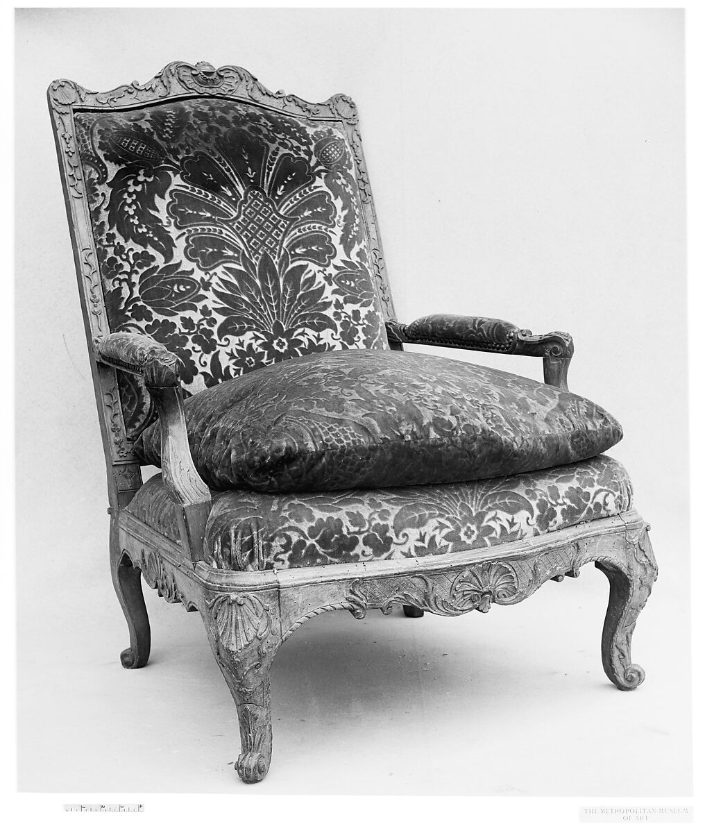 Armchair, Carved walnut, velvet cover, French 