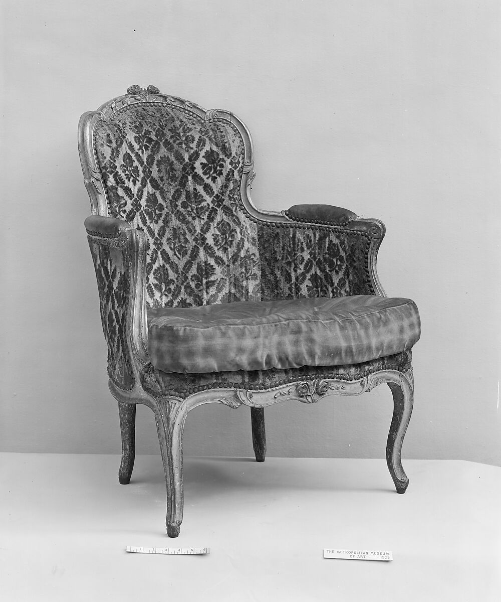 Armchair (bergère), Carved and painted gray fruitwood, French 