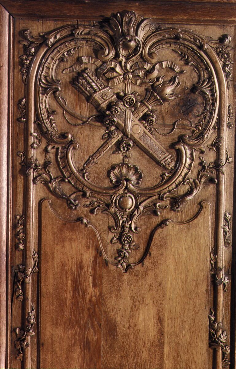 Panel with flaming torch, bow and quiver (one of a pair), Carved oak, French