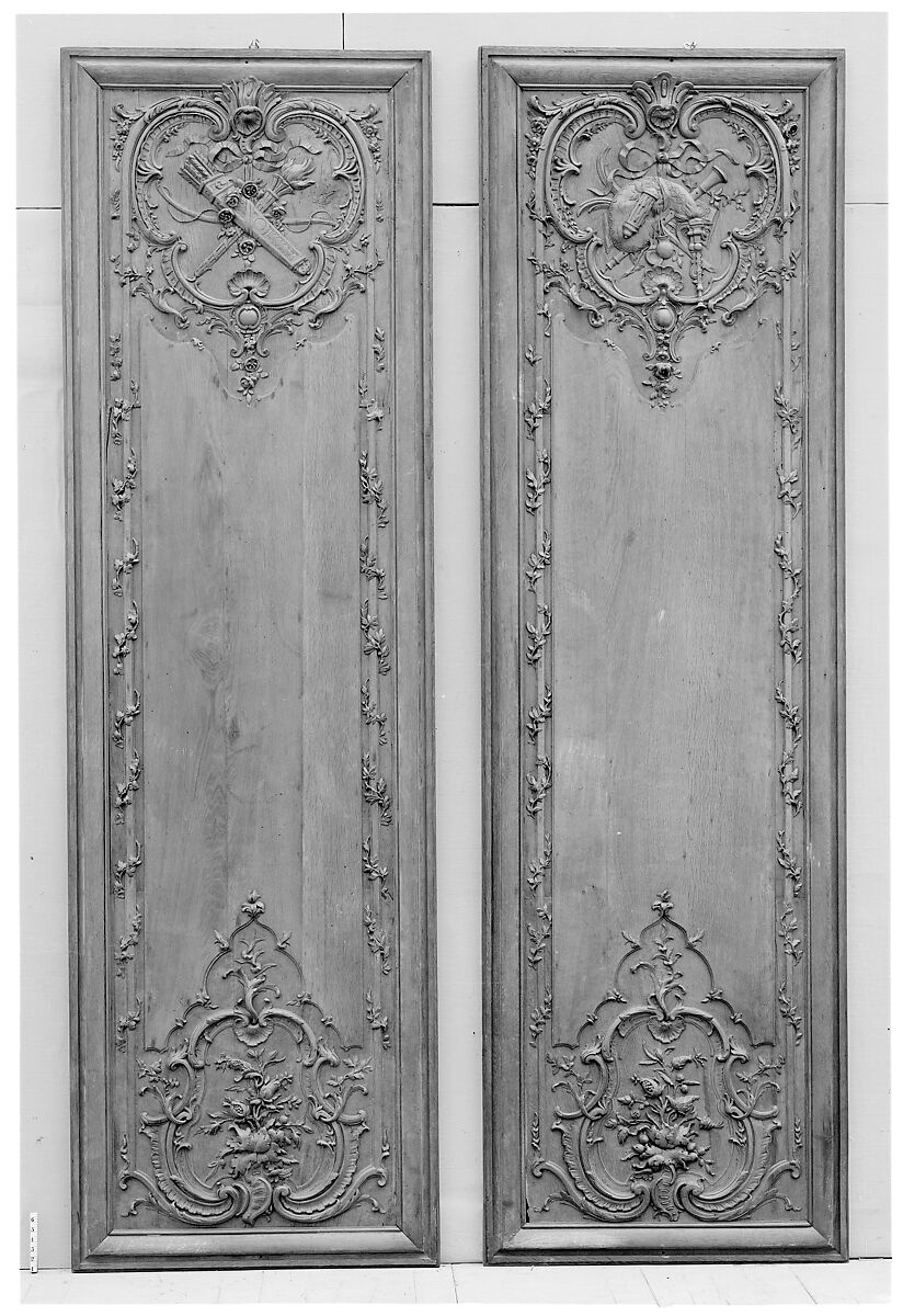 Panel with flaming torch, bow and quiver (one of a pair), Carved oak, French