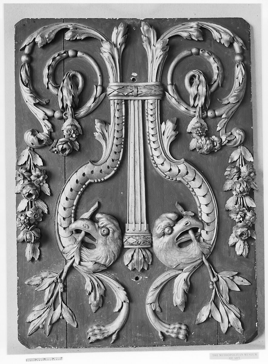 Panel, Wood, gilt ornament on green ground, French 