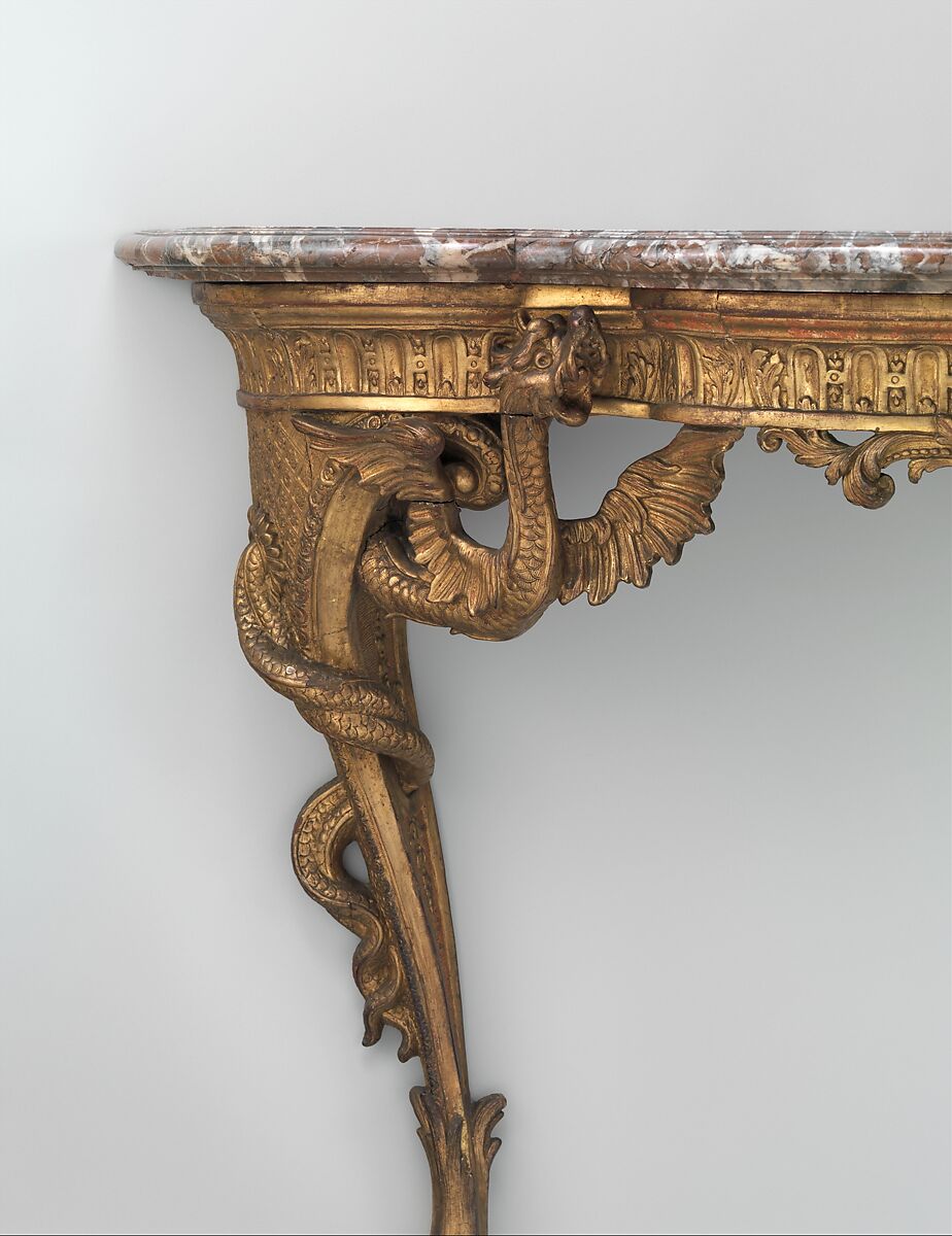 Console table, Carved and gilded oak; fleur-de-pêche marble, French