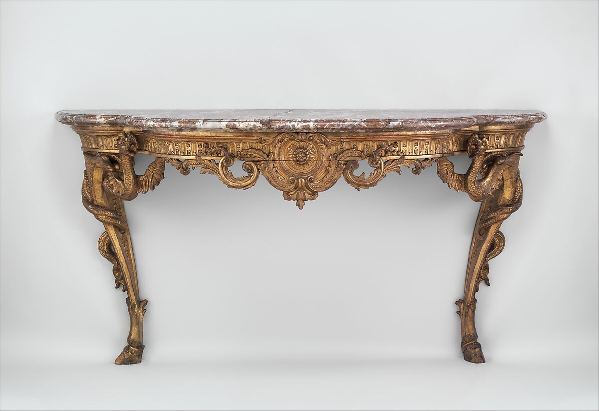 Console table, Carved and gilded oak; fleur-de-pêche marble, French 