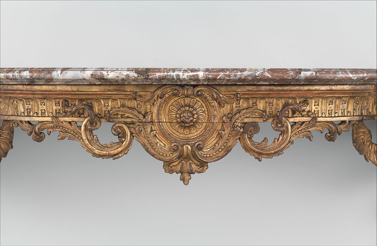 Console table, Carved and gilded oak; fleur-de-pêche marble, French