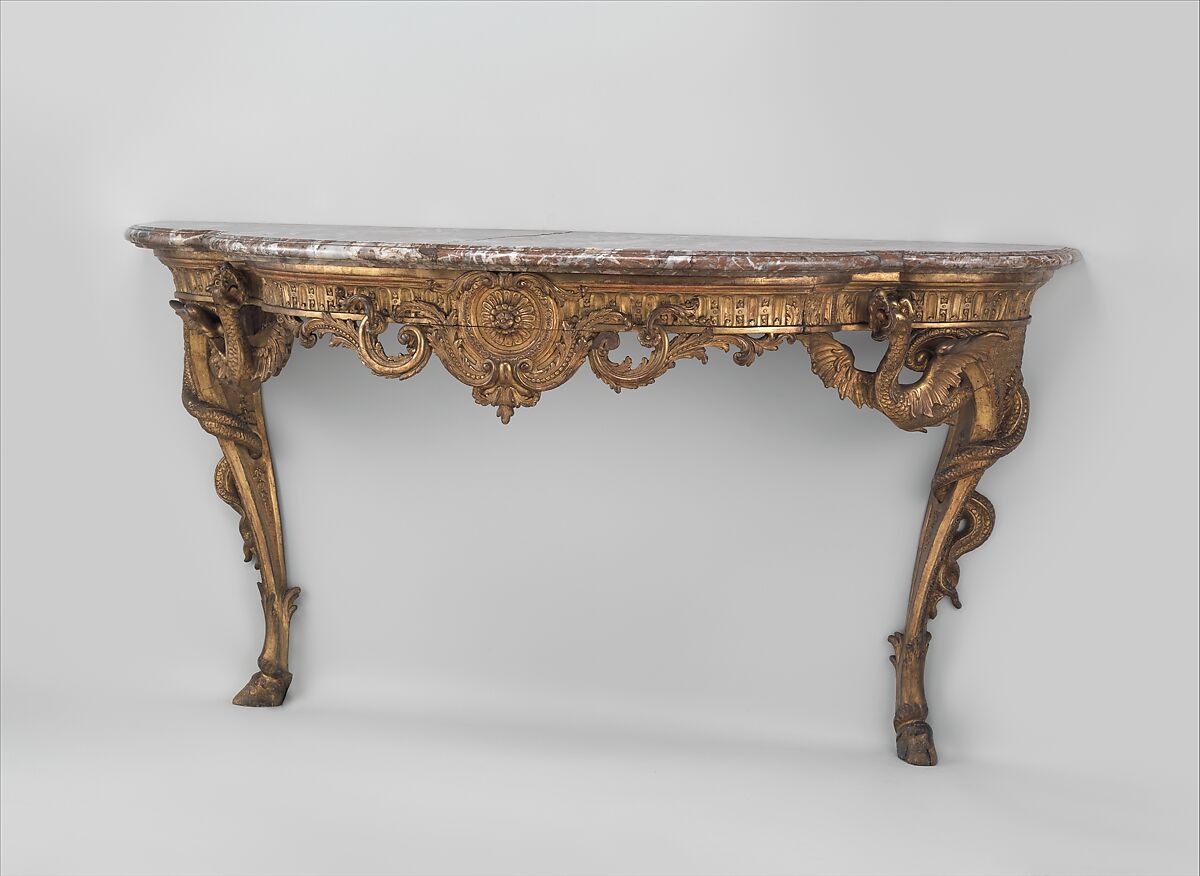 Console table, Carved and gilded oak; fleur-de-pêche marble, French