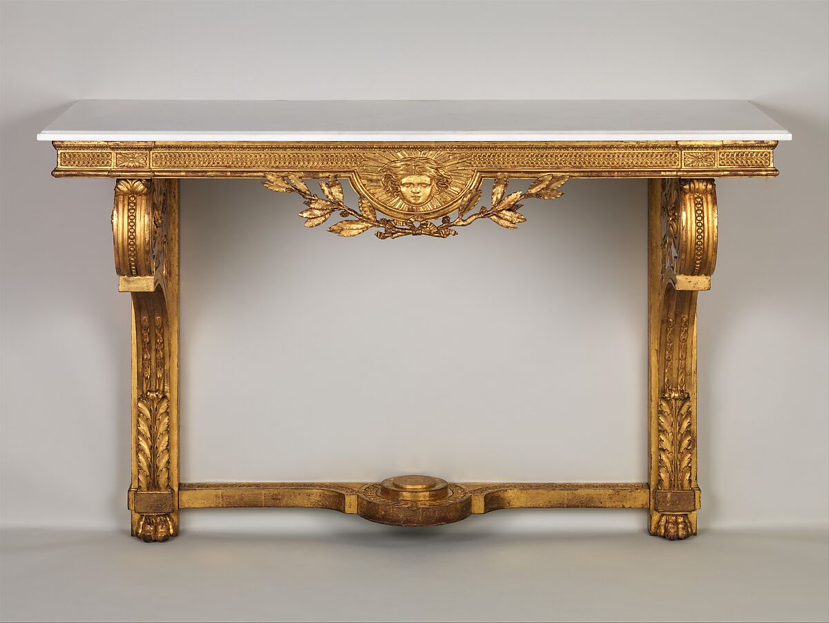 Console table, Carved, painted and gilded oak; marble, French 