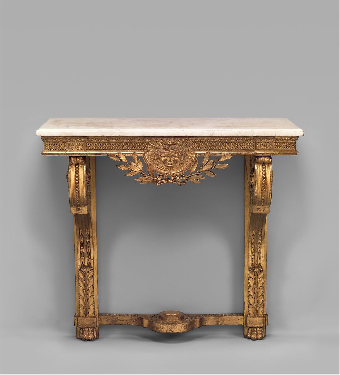 Console table, Carved, painted and gilded oak; marble top, French 