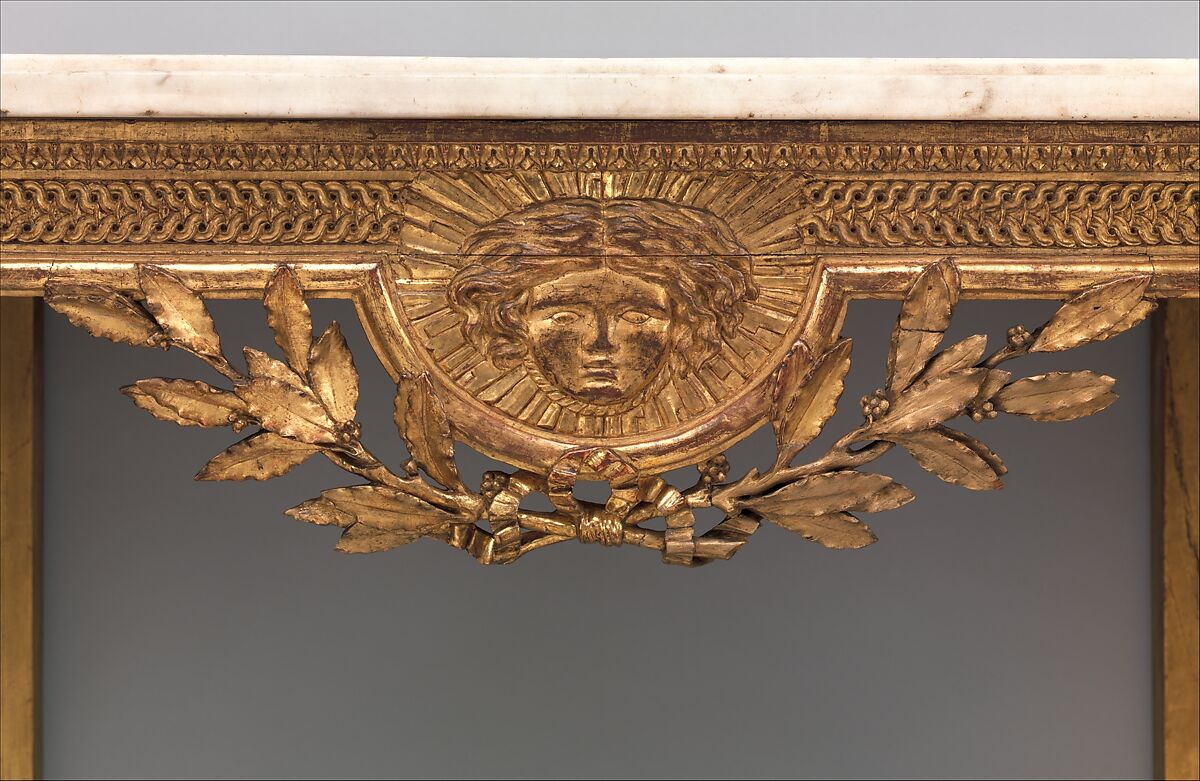Console table, Carved, painted and gilded oak; marble top, French