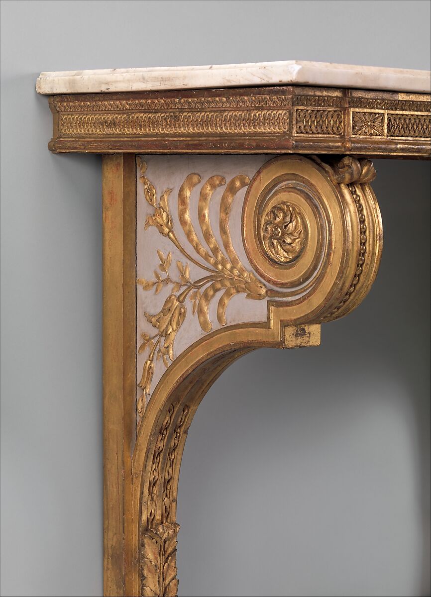 Console table, Carved, painted and gilded oak; marble top, French