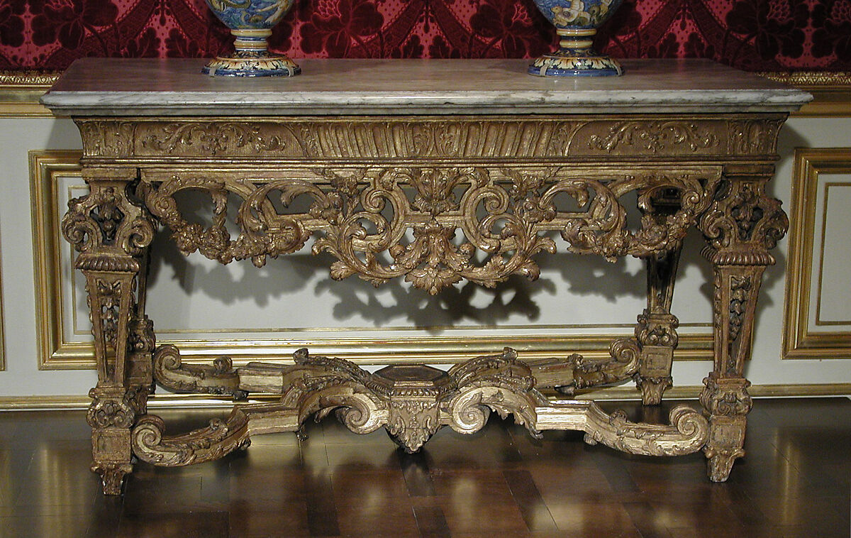 Table, Carved and gilded walnut and oak, Carrara marble, French 