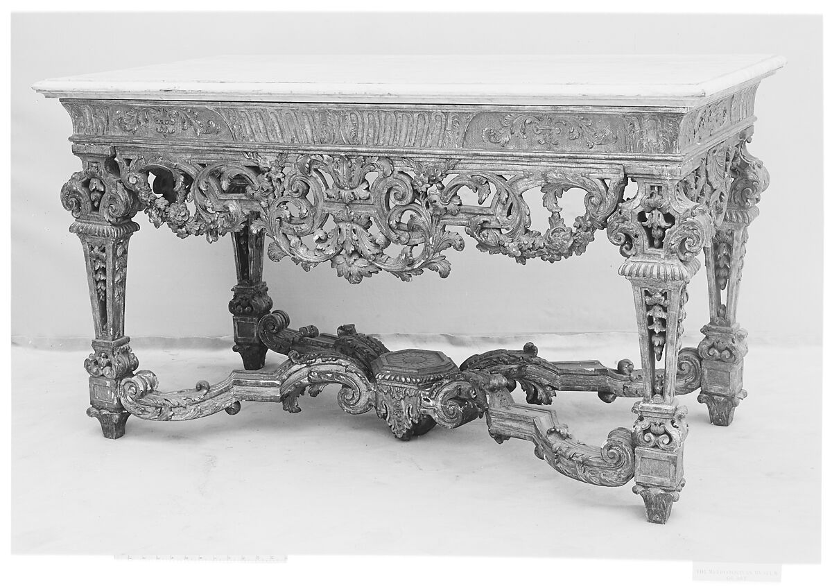 Table, Carved and gilded walnut and oak, Carrara marble, French
