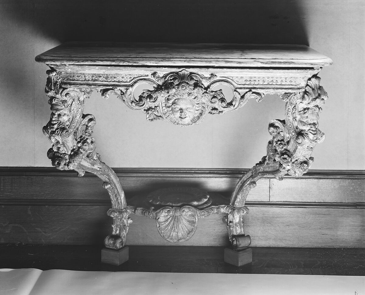 Console table, Carved and gilded oak, marble top, French 