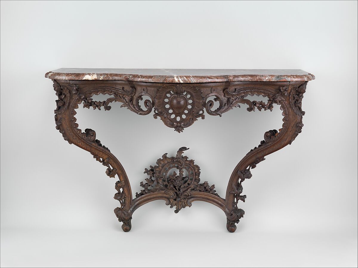 Console table, Carved oak; marble, French 