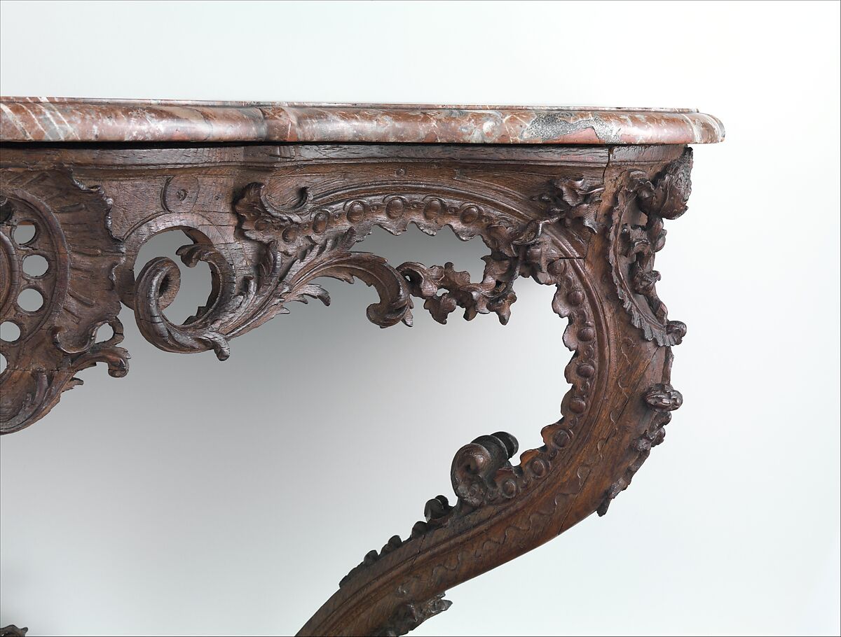 Console table, Carved oak; marble, French