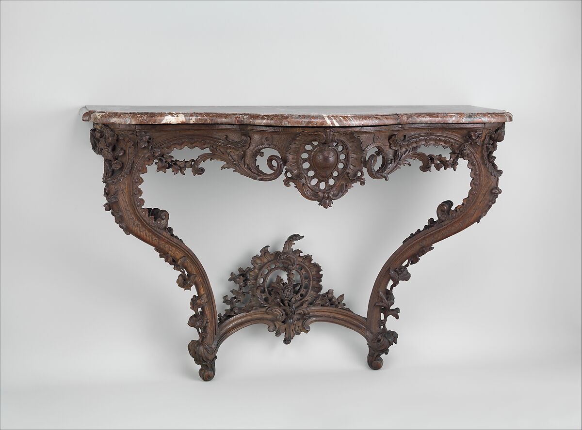 Console table, Carved oak; marble, French