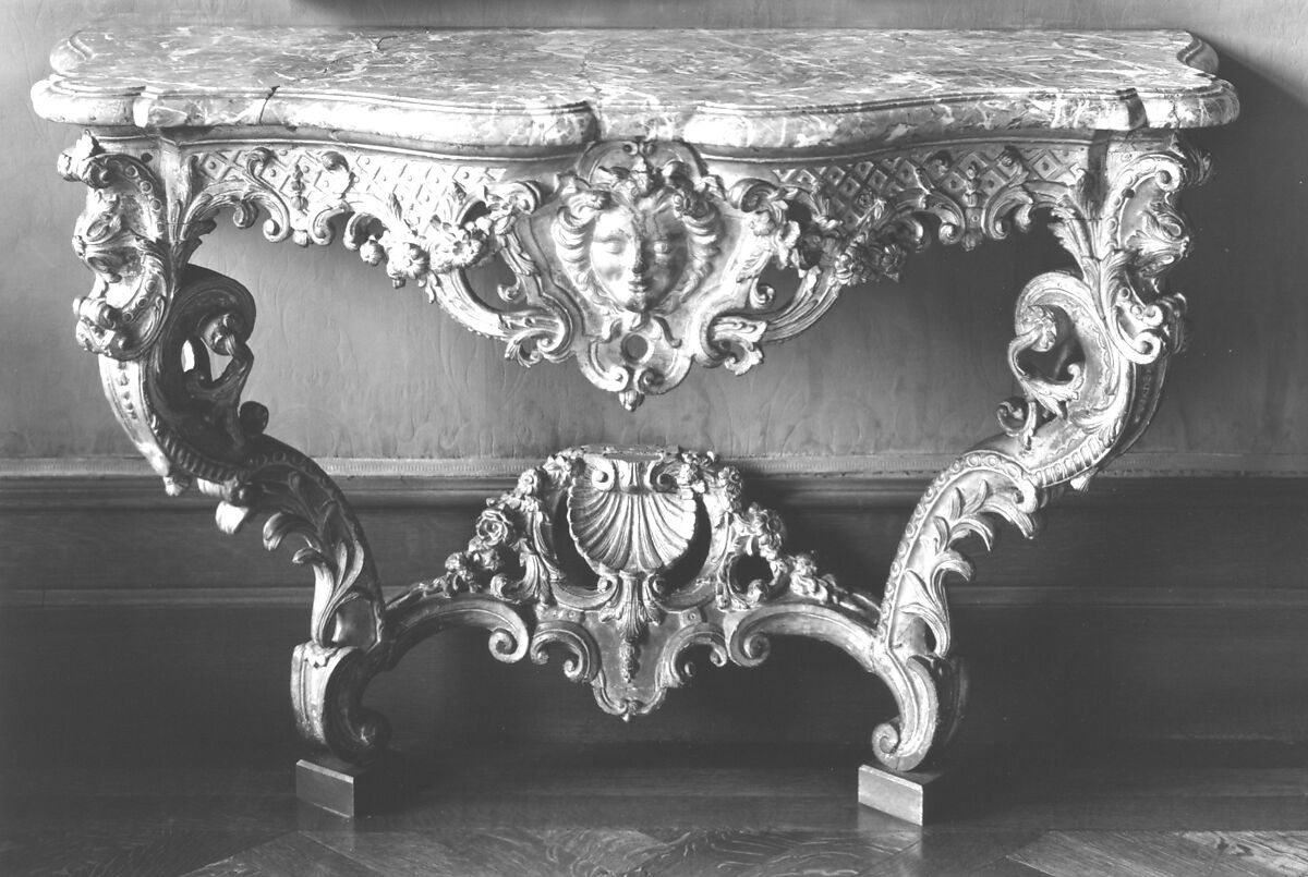 Console table, Carved and gilded wood; marble, French 