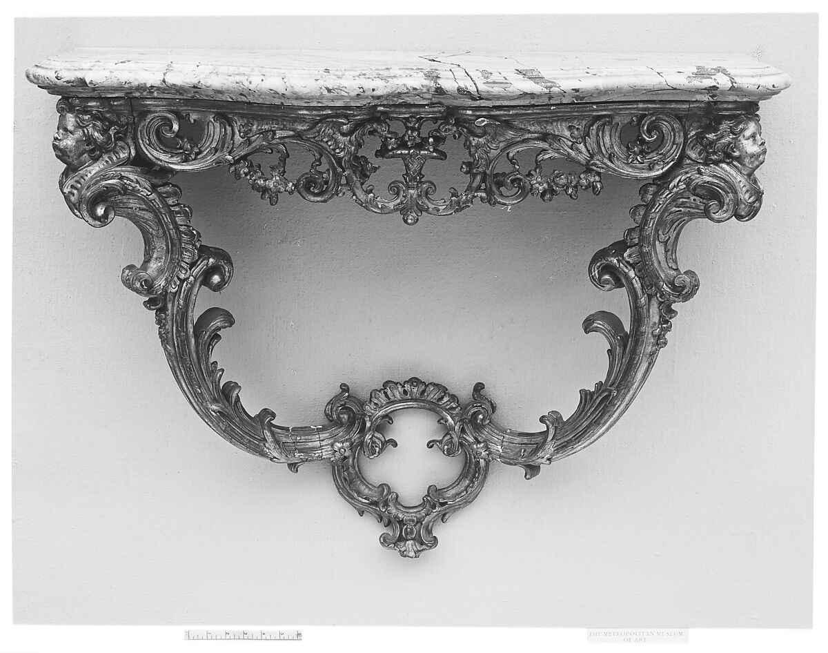 Console table, Carved and gilded oak; marble, French 
