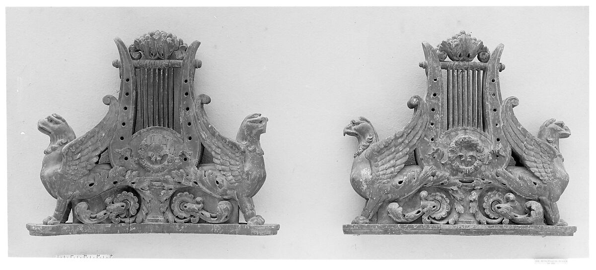 Pair of ornaments, Elm, carved and gilded, French 
