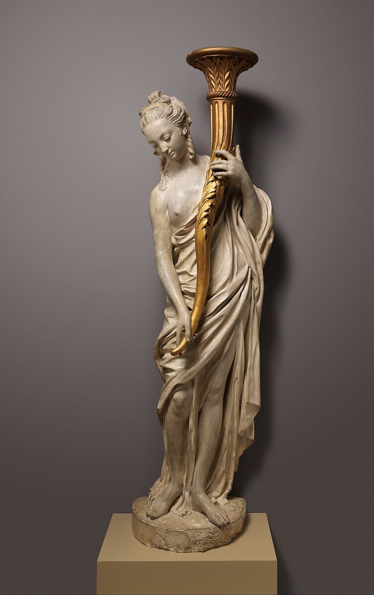 Torchère figure (one of a pair), Augustin Pajou  French, Plaster, carved and gilded wood, French