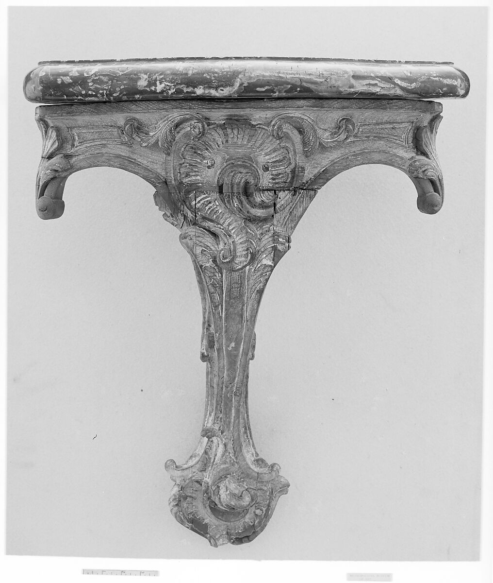 Corner console, Carved and stripped wood; marble, French