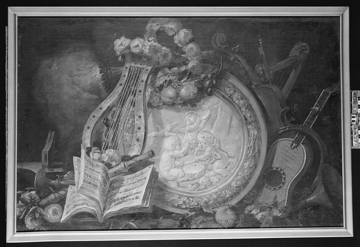 Putti Musicians in a Medallion, Surrounded by Musical Attributes, Flowers, and Fruit, French Painter  , 18th century, Oil on canvas, French