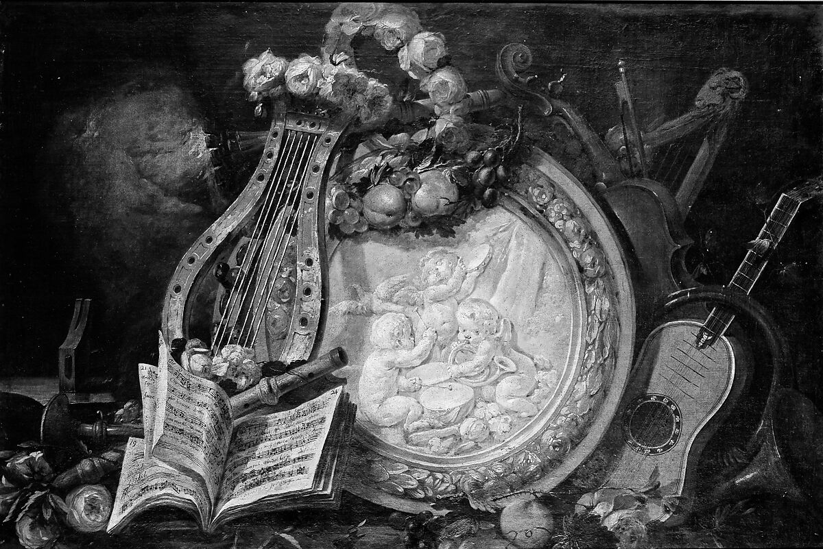 Putti Musicians in a Medallion, Surrounded by Musical Attributes, Flowers, and Fruit, French Painter  , 18th century, Oil on canvas, French 