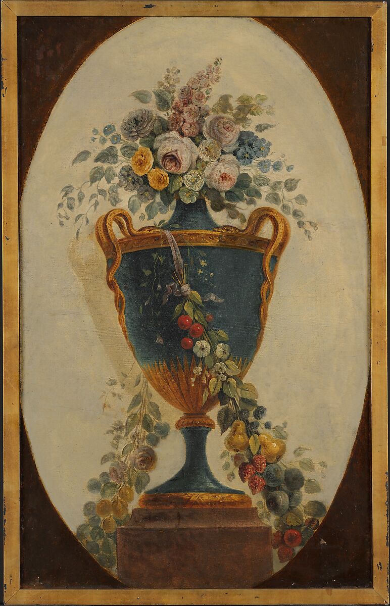 Vase of Flowers Draped with Garlands, French Painter  , 18th century, Oil on canvas, French 