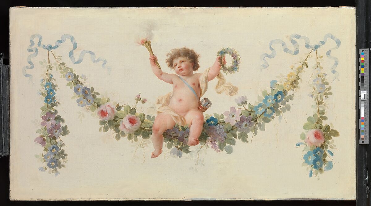 Cupid Seated on a Garland, Oil on canvas, French 