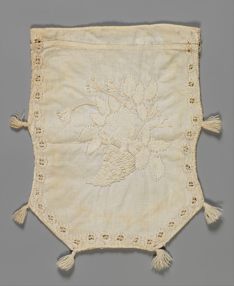 Embroidered Reticule, Martha Kittredge, New England, White cotton thread embroidered on white cotton fabric, American