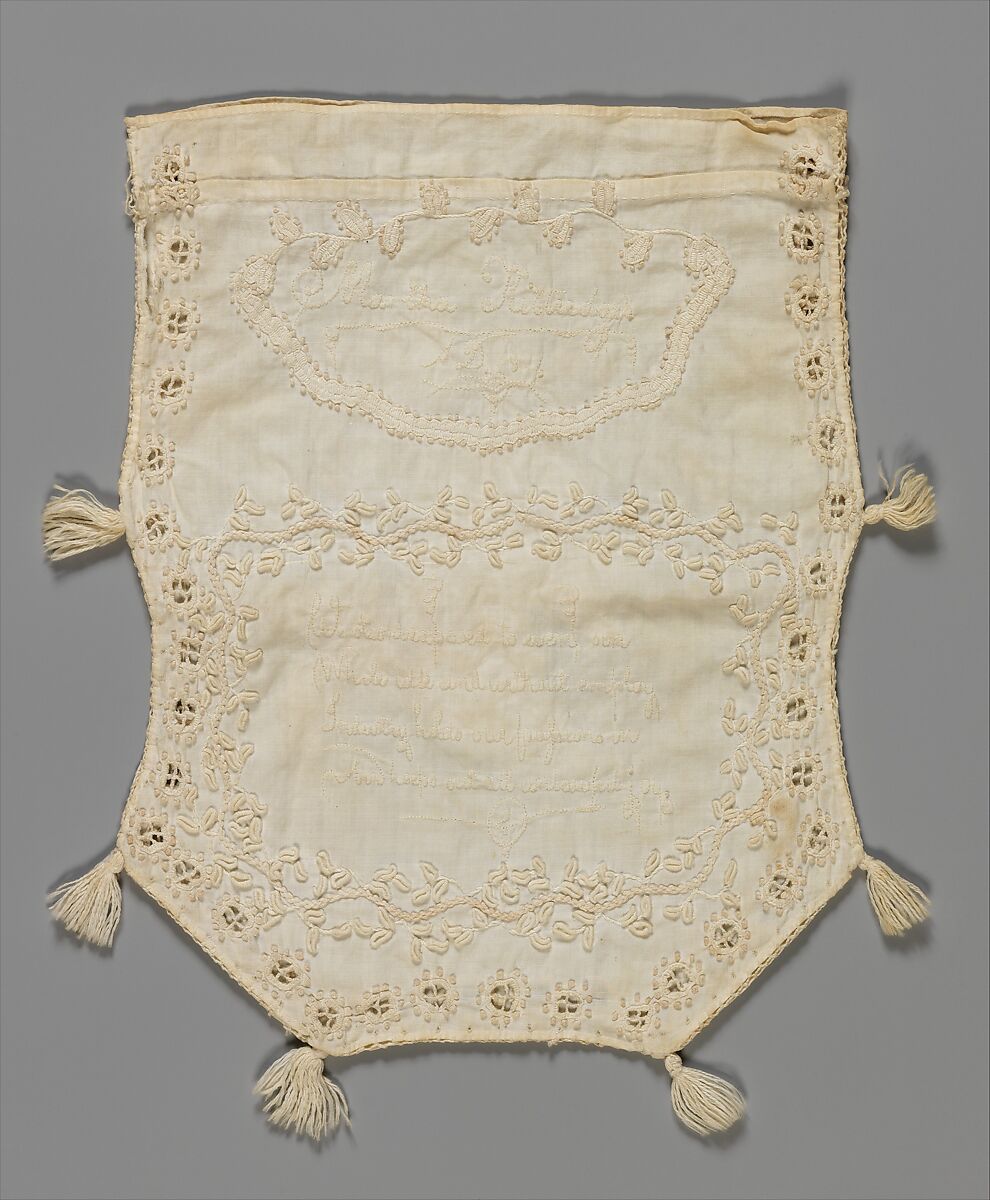 Embroidered Reticule, Martha Kittredge, New England, White cotton thread embroidered on white cotton fabric, American