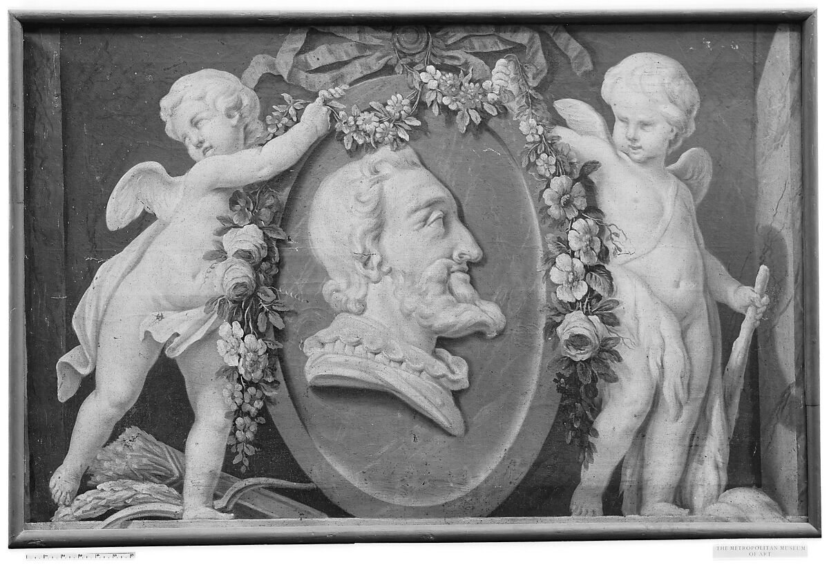 Bust of Henri IV in oval medallion with blue ground supported by two cupids, French Painter  , 18th century, Oil on canvas, French 