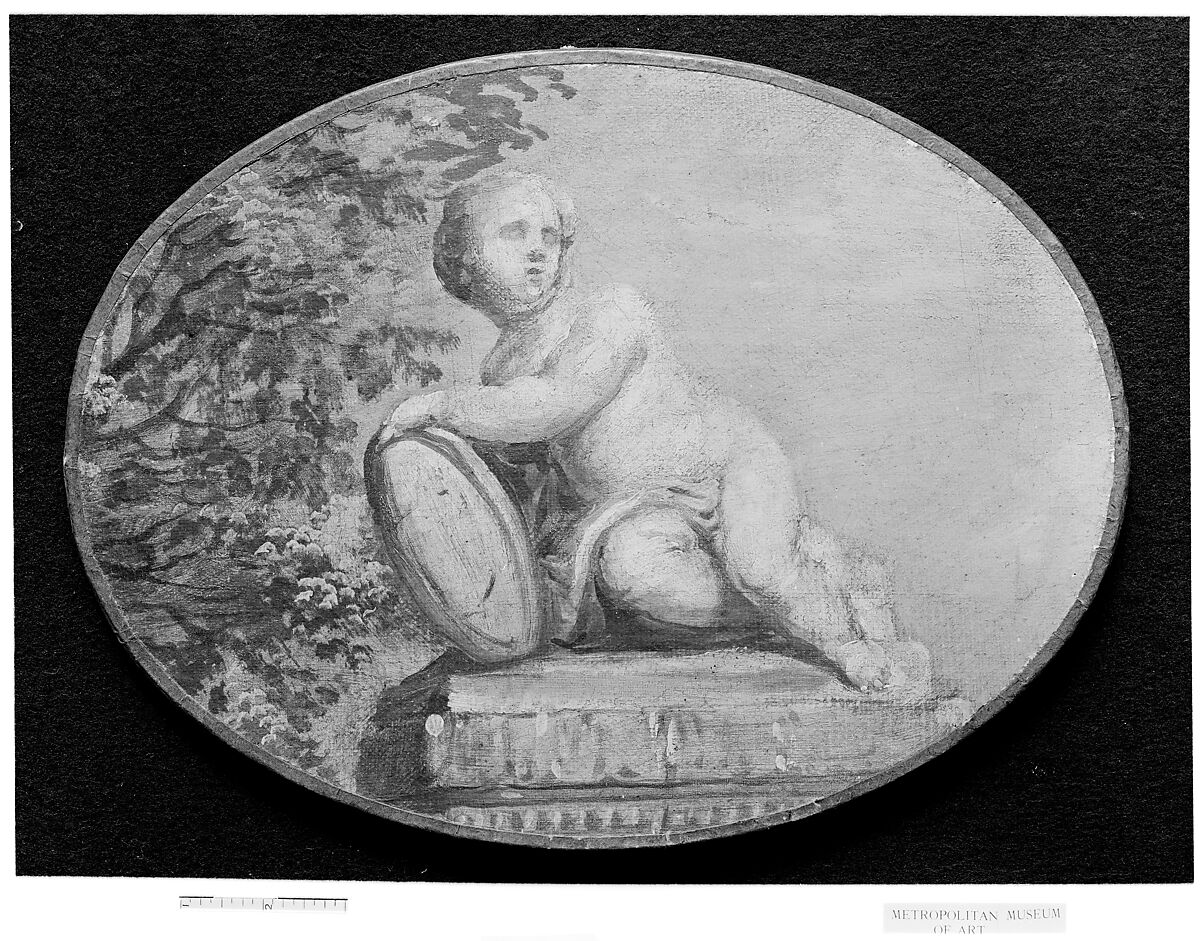 Putto on a pedestal against background of verdure, French Painter  , 18th century, Oil on canvas, grisaille, French 