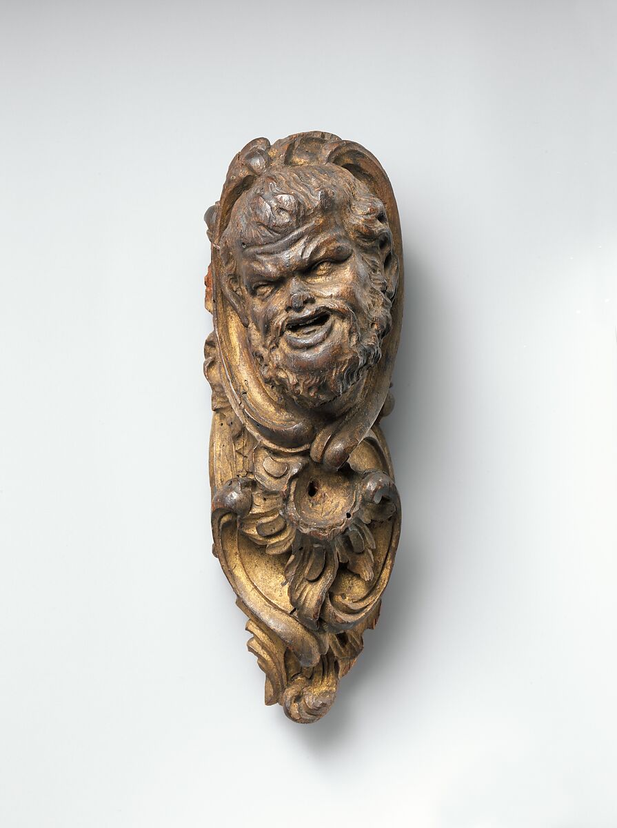 Satyr head harp ornament, Carved and gilded wood, French 