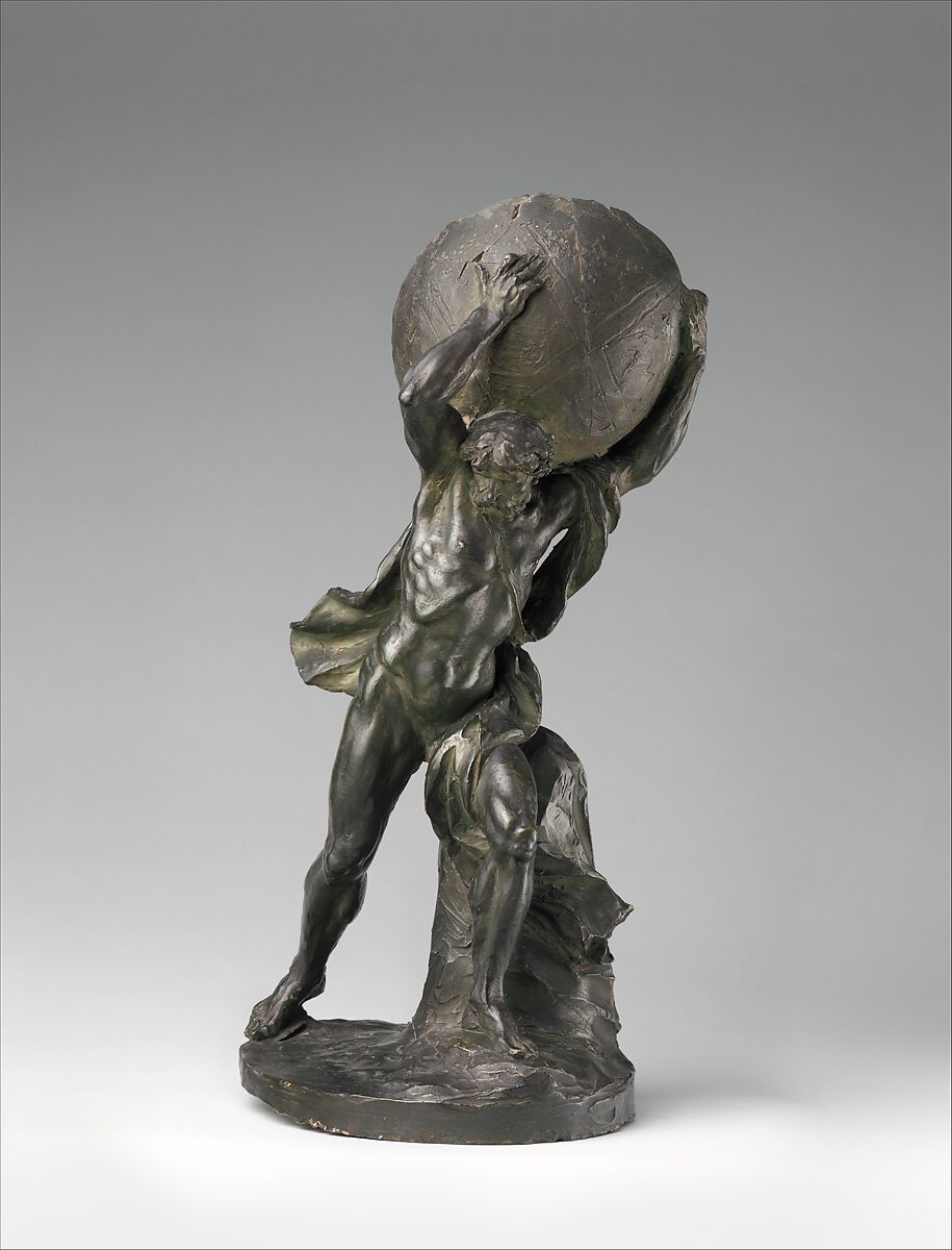 Hercules or Atlas Supporting the Globe, Possibly by Clodion (Claude Michel) (French, Nancy 1738–1814 Paris), Terracotta, painted to resemble bronze, French, Paris 