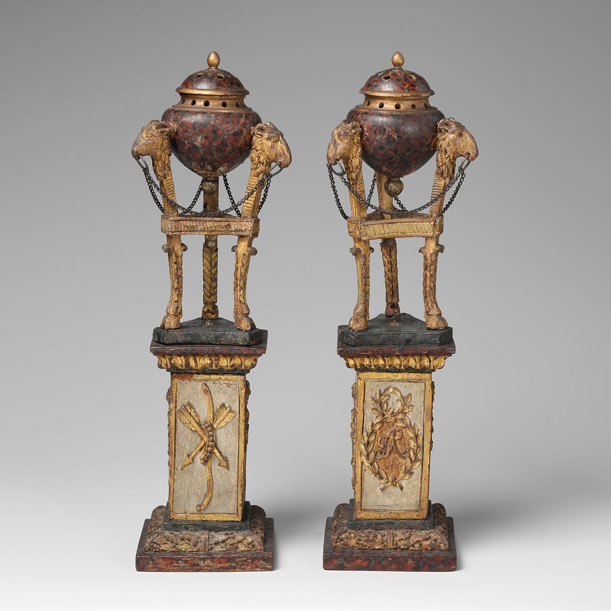 Pair of models of perfume burners, Painted and gilded wood, French 