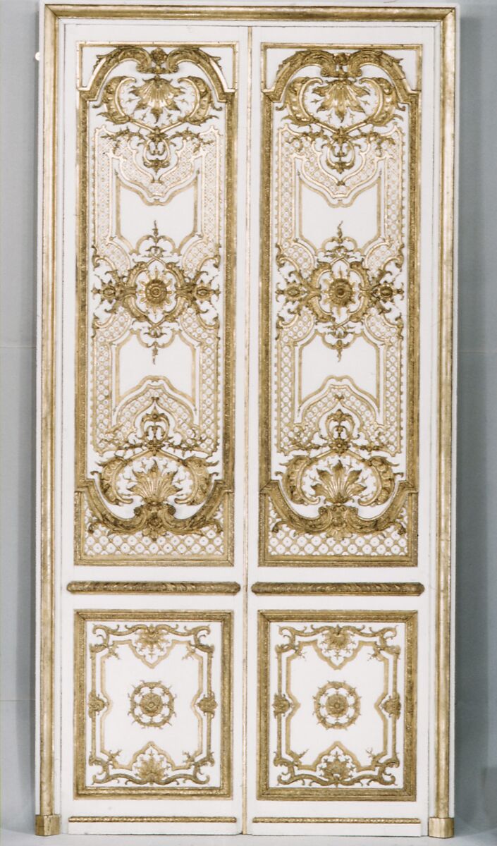 Double door: four panels, two pilasters, three gilt moldings for the door frame, Carved, painted and gilded oak, French 