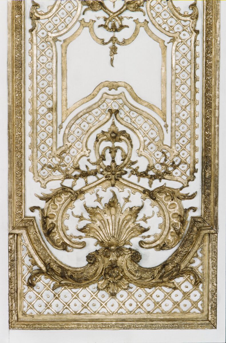 Double door: four panels, two pilasters, three gilt moldings for the door frame, Carved, painted and gilded oak, French