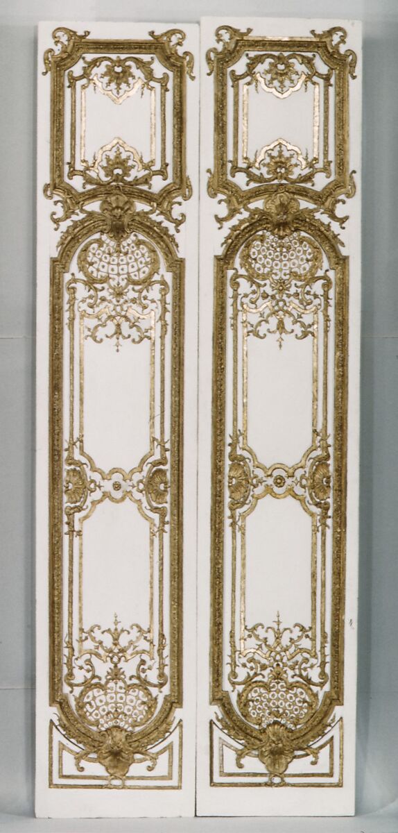 Double door: four panels, two pilasters, three gilt moldings for the door frame, Carved, painted and gilded oak, French