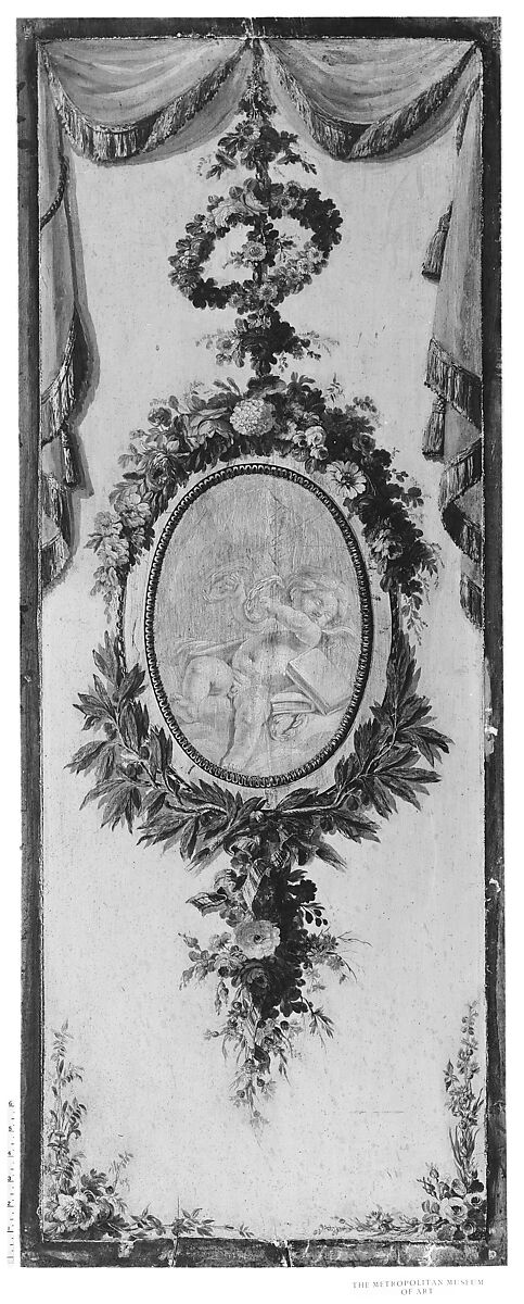 Putto in a medallion surrounded by a garland, French Painter  , 18th century, Oil on wood panel, cradled, French