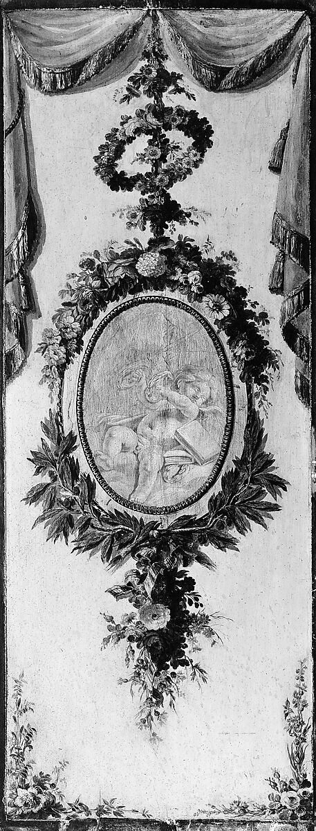 Putto in a medallion surrounded by a garland, French Painter  , 18th century, Oil on wood panel, cradled, French 