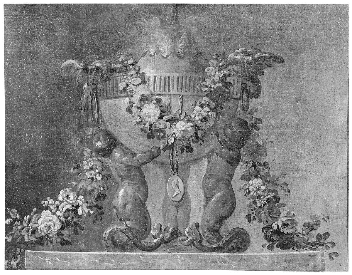 Perfume-burner supported by baby tritons and garlanded with flowers, French Painter  , 18th century, Oil on canvas, French