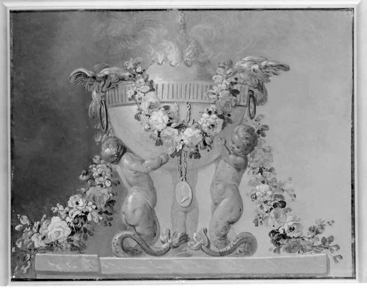 Perfume-burner supported by baby tritons and garlanded with flowers, French Painter  , 18th century, Oil on canvas, French