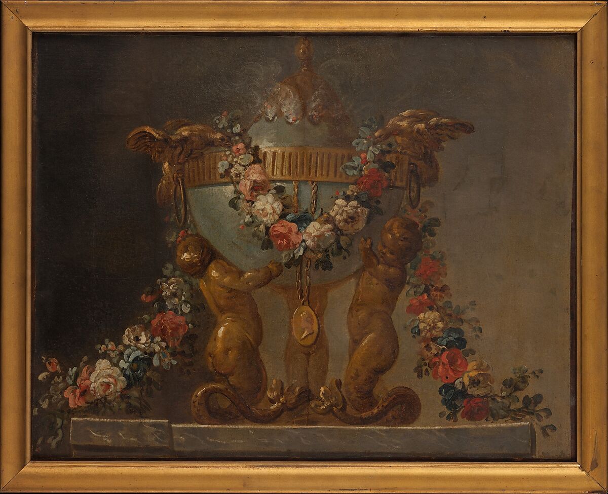 Perfume-burner supported by baby tritons and garlanded with flowers, French Painter  , 18th century, Oil on canvas, French 