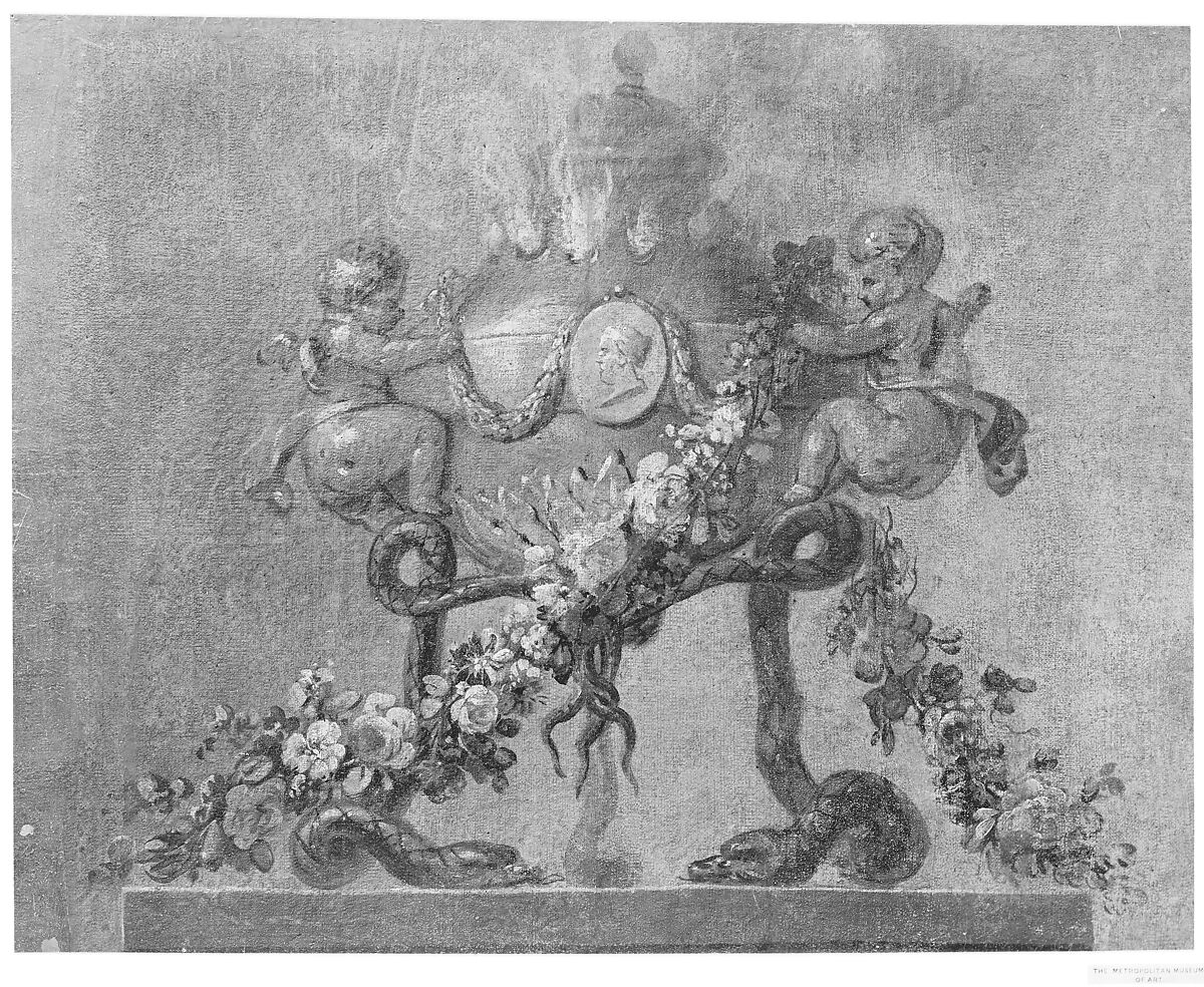 Perfume-burner supported by amorini and serpents and garlanded with flowers, French Painter  , 18th century, Oil on canvas, French
