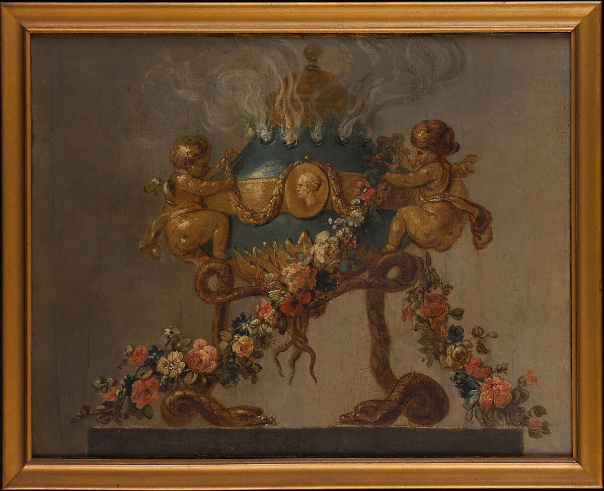 Perfume-burner supported by amorini and serpents and garlanded with flowers, French Painter  , 18th century, Oil on canvas, French 