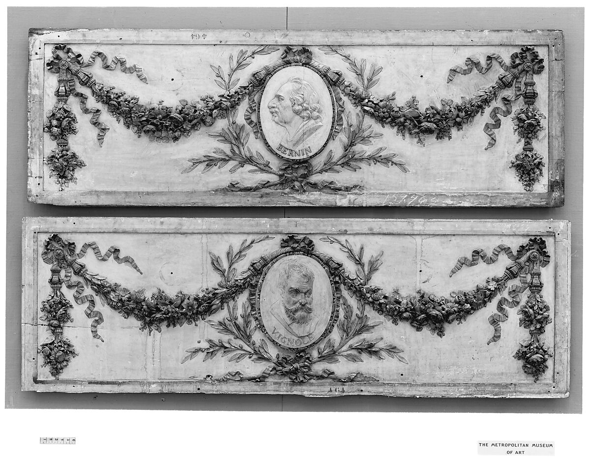 Panel for a decorative frieze with portrait of da Vignola (from a set of six), Carved, painted, and gilded oak, French 
