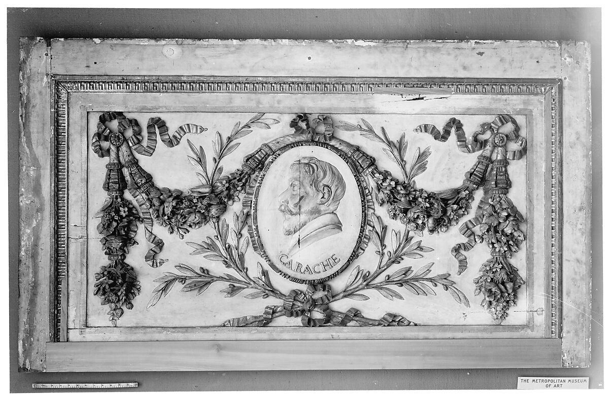 Panel for a decorative frieze with portrait of Carracci (from a set of six), Carved, painted, and gilded oak, French 