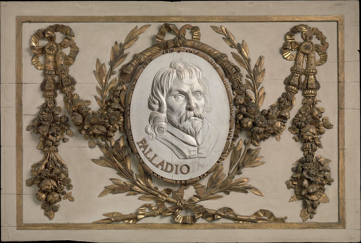 Panel for a decorative frieze with portrait of Palladio (from a set of six), Carved, painted, and gilded oak, French 