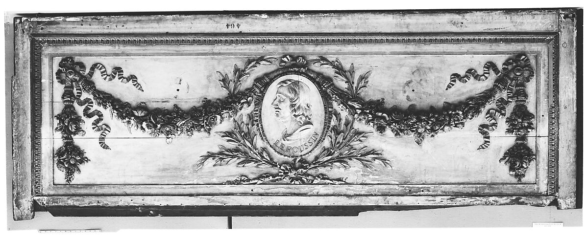 Panel for a decorative frieze with portrait of Poussin (from a set of six), Carved, painted, and gilded oak, French 