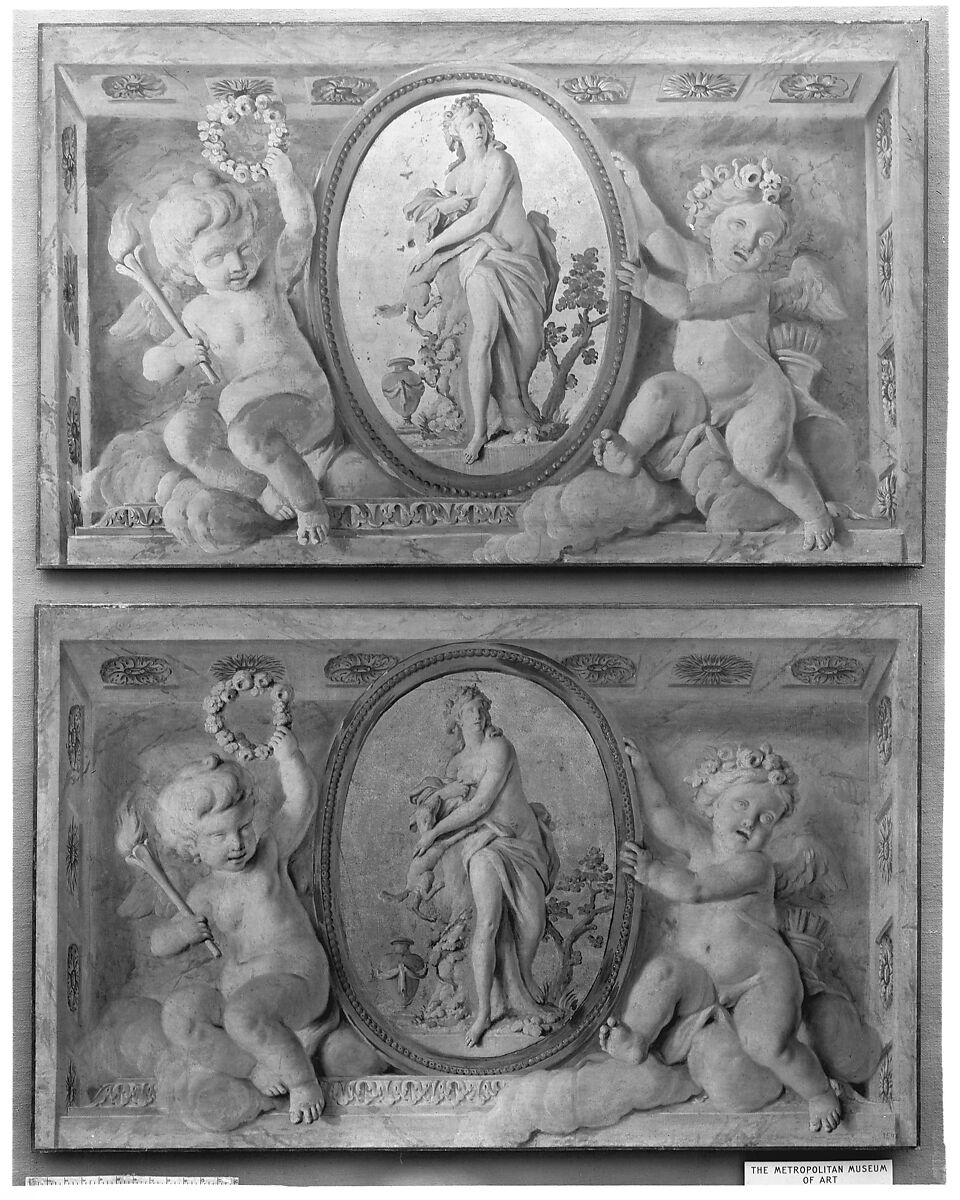 Pair of overdoors with Diana or a Nymph in an oval medallion supported by amorini, French Painter  , 18th century, Oil on canvas, grisaille, French 